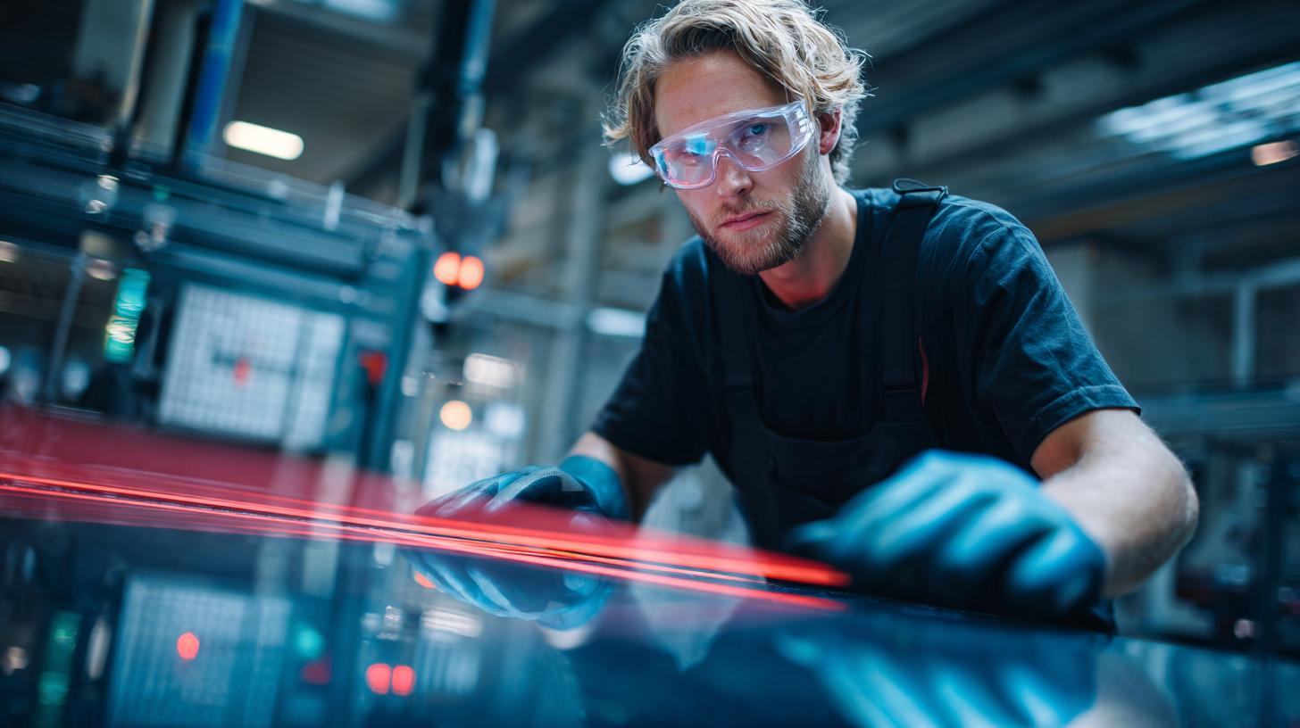 Produktionsmitarbeiter bei der Glasveredlung kontrolliert Glasplatte in moderner Fertigungshalle