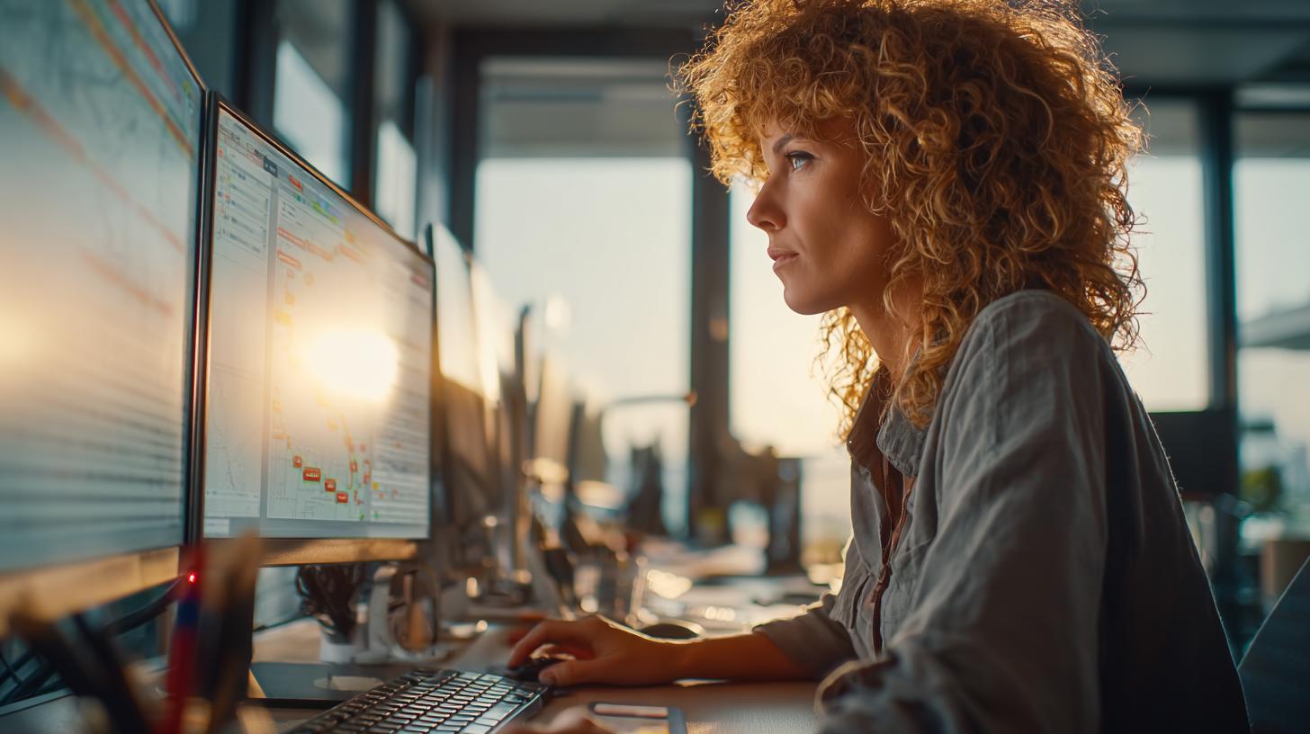 Sachbearbeiterin Spedition mit lockigen Haaren am Computer im modernen Büro