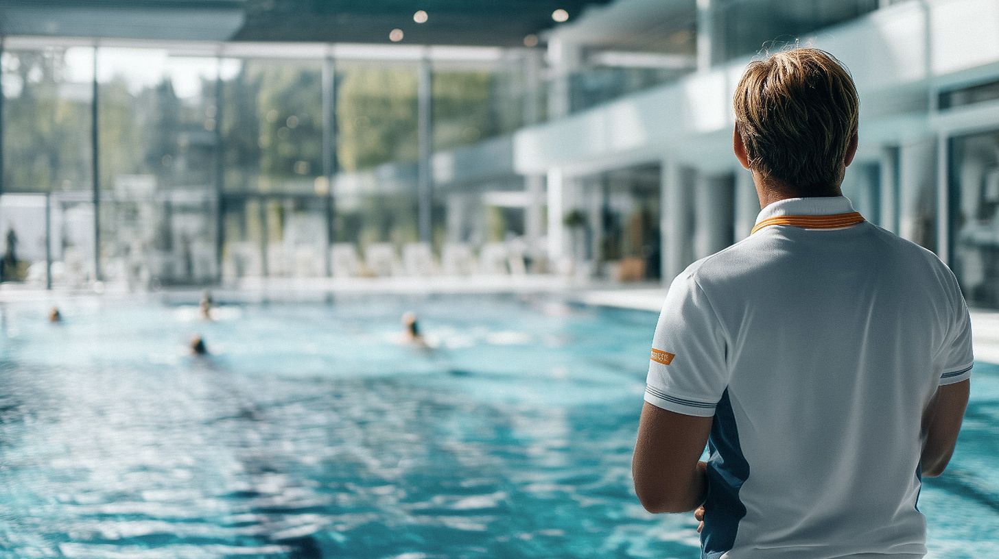 Bademeister in Dienstkleidung überwacht Schwimmbecken im Freibad bei Sonnenschein