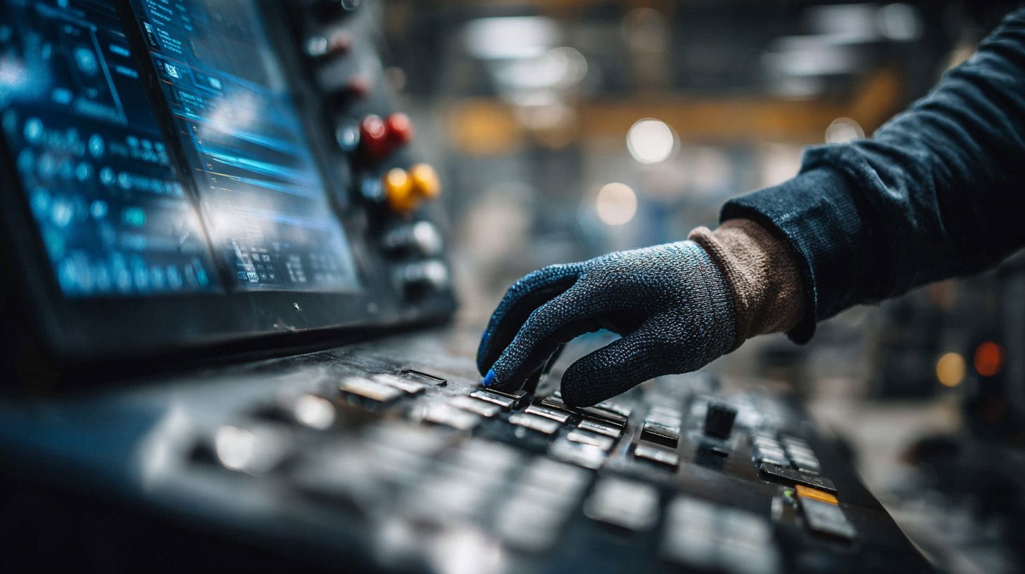 Hand eines CNC-Drehers mit Arbeitshandschuhen bedient Steuerung einer CNC-Maschine.