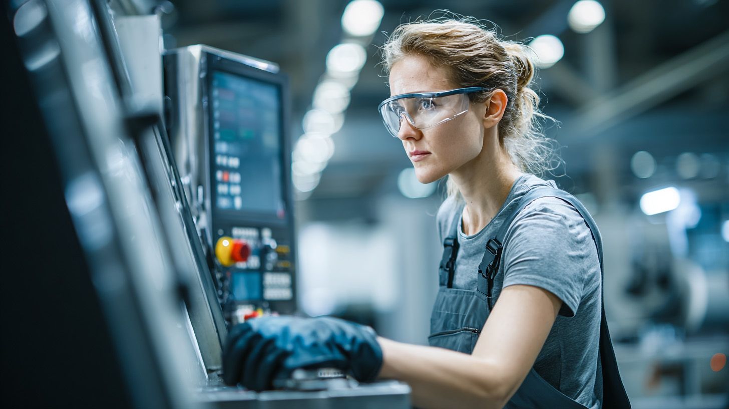 Junge CNC-Dreherin mit Schutzbrille arbeitet konzentriert an der Steuerung einer CNC-Maschine.