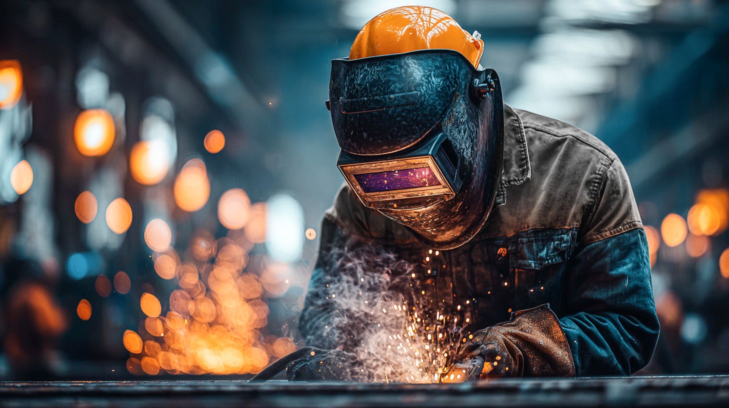 Konstruktionsmitarbeiter:in mit Schutzausrüstung schweißt ein Metallbauteil, Funken sprühen in der Werkhalle.